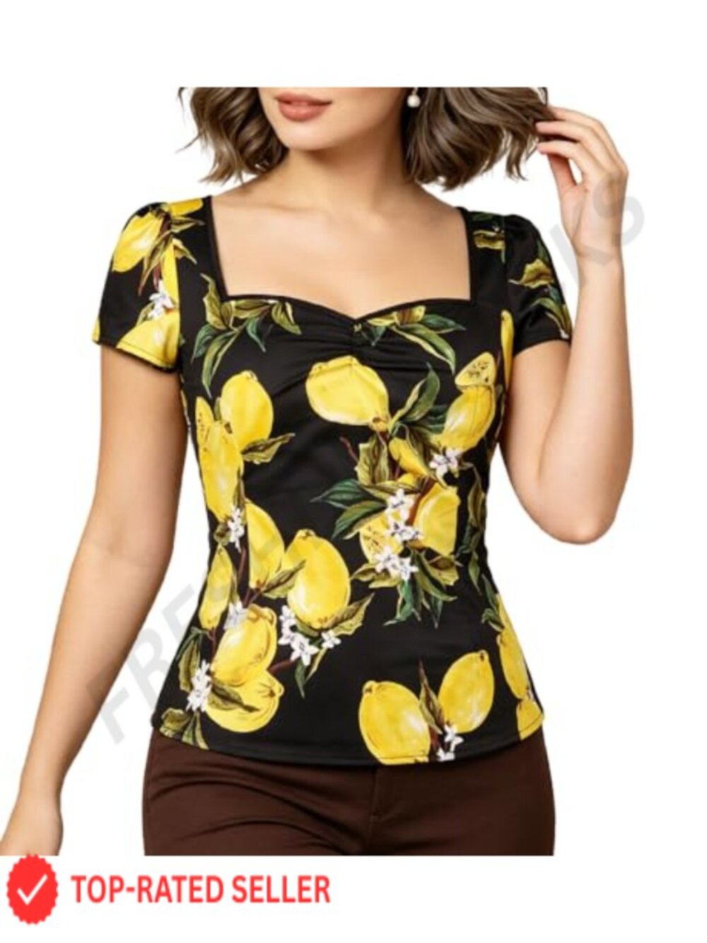 YARN & INK Women's 1950s Vintage Rockabilly Pinup Blouse Square Neck Cotton